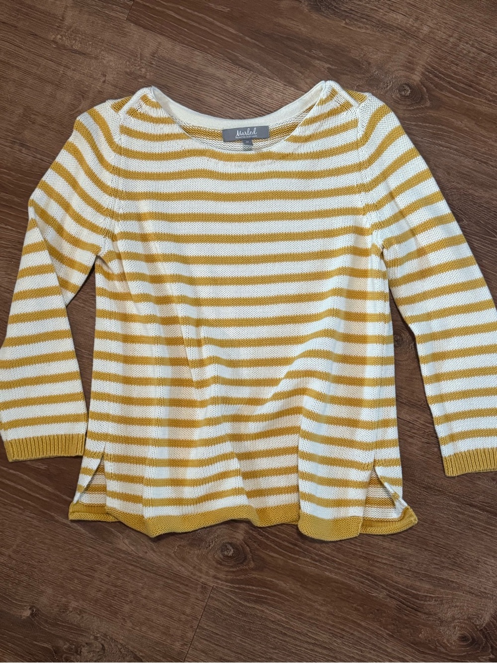 Marled Mustard and White Striped Knit Sweater